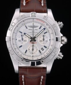 Elaborado en Suiza, certifié pulsera de acero inoxidable Bisel correa Marrón Cuero Blanco Dial 80285