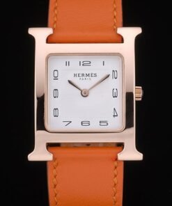 Cuero Hermes Heure H de oro rosa Bisel Naranja Correa esfera blanca 80234