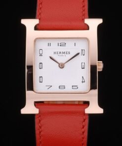 Hermes Heure H de oro rosa Bisel Esfera Blanca, Roja correa de cuero 80233