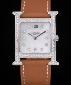 Hermes Heure H de acero inoxidable con incrustaciones de diamantes del bisel Tan correa de cuero blanco marcado 80232