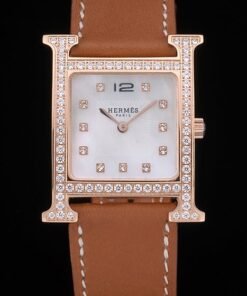 Hermes Heure H Rose bisel de oro con incrustaciones de diamantes Tan correa de cuero blanco marcado 80236