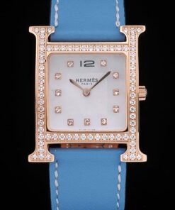 Cuero Hermes Heure H de oro rosa con incrustaciones de diamantes Bisel correa de color azul Esfera Blanca 80238