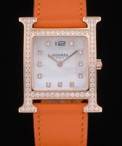 Cuero Hermes Heure H de oro rosa con incrustaciones de diamantes Bisel Naranja Correa esfera blanca 80237