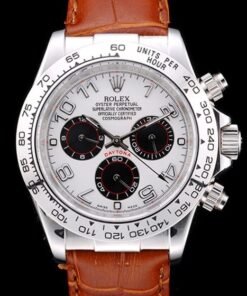 Caja de acero inoxidable Rolex Daytona esfera blanca Correa de cuero marrón