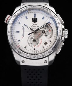 Tag Heuer Carrera suizo Dial Negro Bisel taquímetro perforada correa de caucho negro