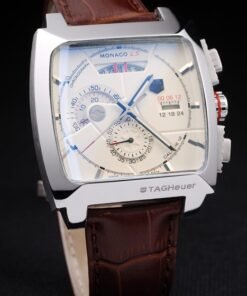 Tag Heuer Monaco cepillado caja de acero inoxidable Dial blanco Correa de cuero marrón