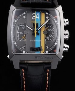 Tag Heuer Monaco suiza Negro Dial correa de cuero azul-amarillo a rayas Negro
