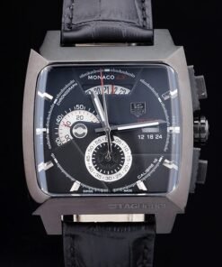 Tag Heuer Monaco Caso de cerámica Negro Negro Dial correa de cuero Negro